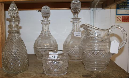 Pair of late Victorian glass decanters, one other decanter and another piece of glassware